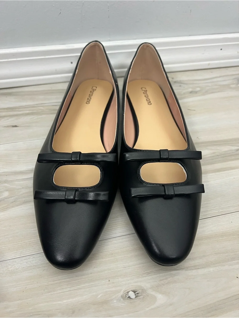 C. Paravano Black Bow Slip On Flats